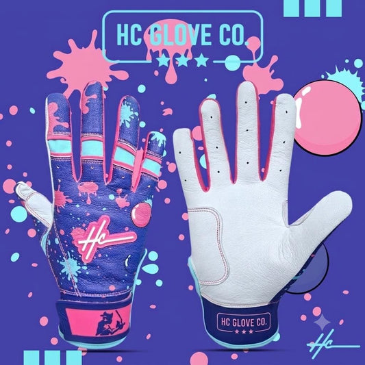 HC Glove Co Bubble Gum Edition batting gloves with premium 0.8mm Cabretta leather.