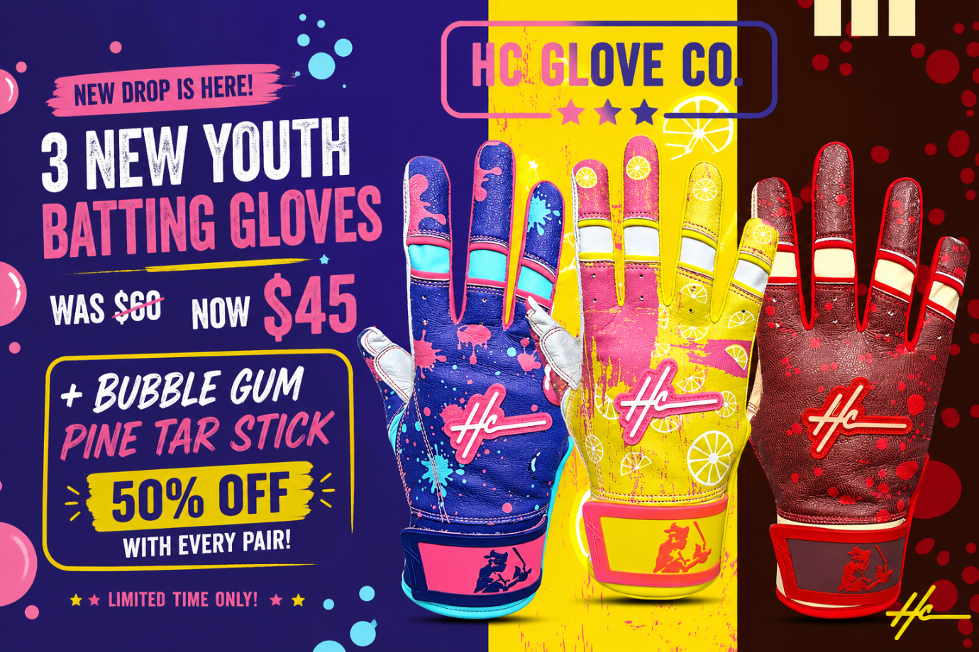 Promotional graphic for HC Glove Co. showing three colorful youth batting gloves side by side on a split purple, yellow, and dark red background with large sale text about 3 new batting gloves and a pine tar stick offer.