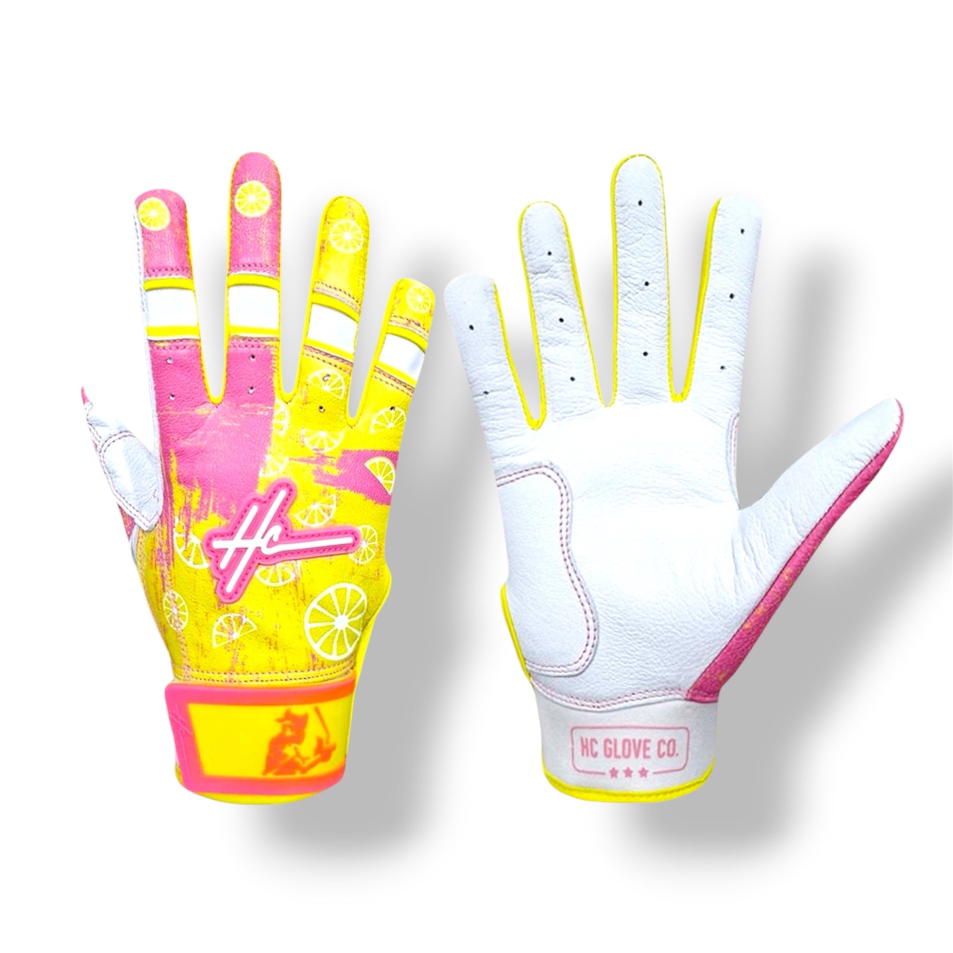 HC Glove Co Strawberry Lemonade Edition batting gloves with premium 0.8mm Cabretta leather.