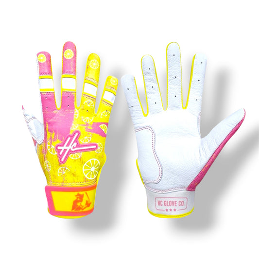 HC Glove Co Strawberry Lemonade Edition batting gloves with premium 0.8mm Cabretta leather.
