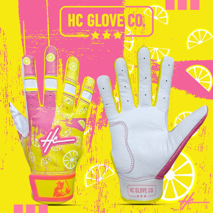 HC Glove Co Strawberry Lemonade Edition batting gloves with premium 0.8mm Cabretta leather.