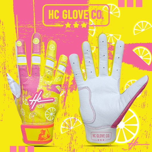 HC Glove Co Strawberry Lemonade Edition batting gloves with premium 0.8mm Cabretta leather.