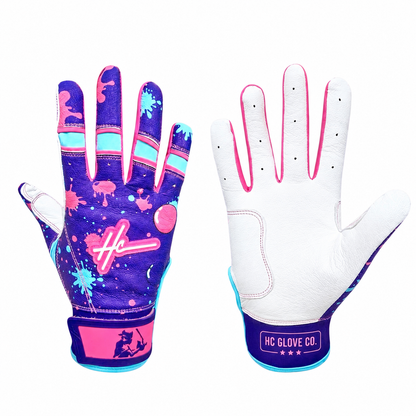 HC Glove Co Bubble Gum Edition batting gloves with premium 0.8mm Cabretta leather.