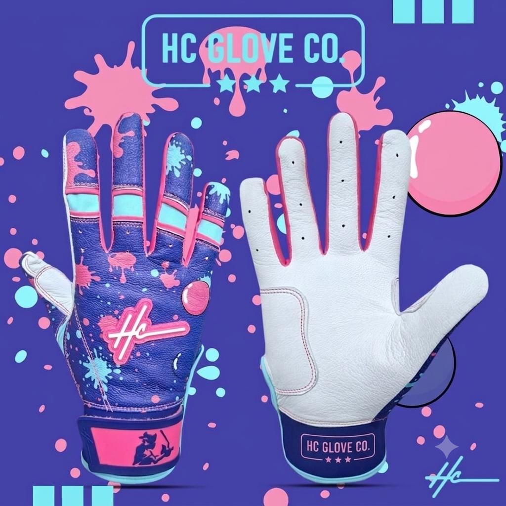 HC Glove Co Bubble Gum Edition batting gloves with premium 0.8mm Cabretta leather.