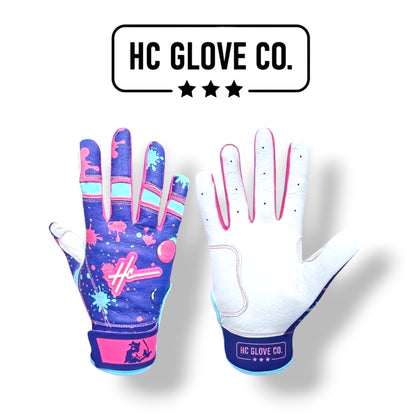 HC Glove Co Bubble Gum Edition batting gloves with premium 0.8mm Cabretta leather.