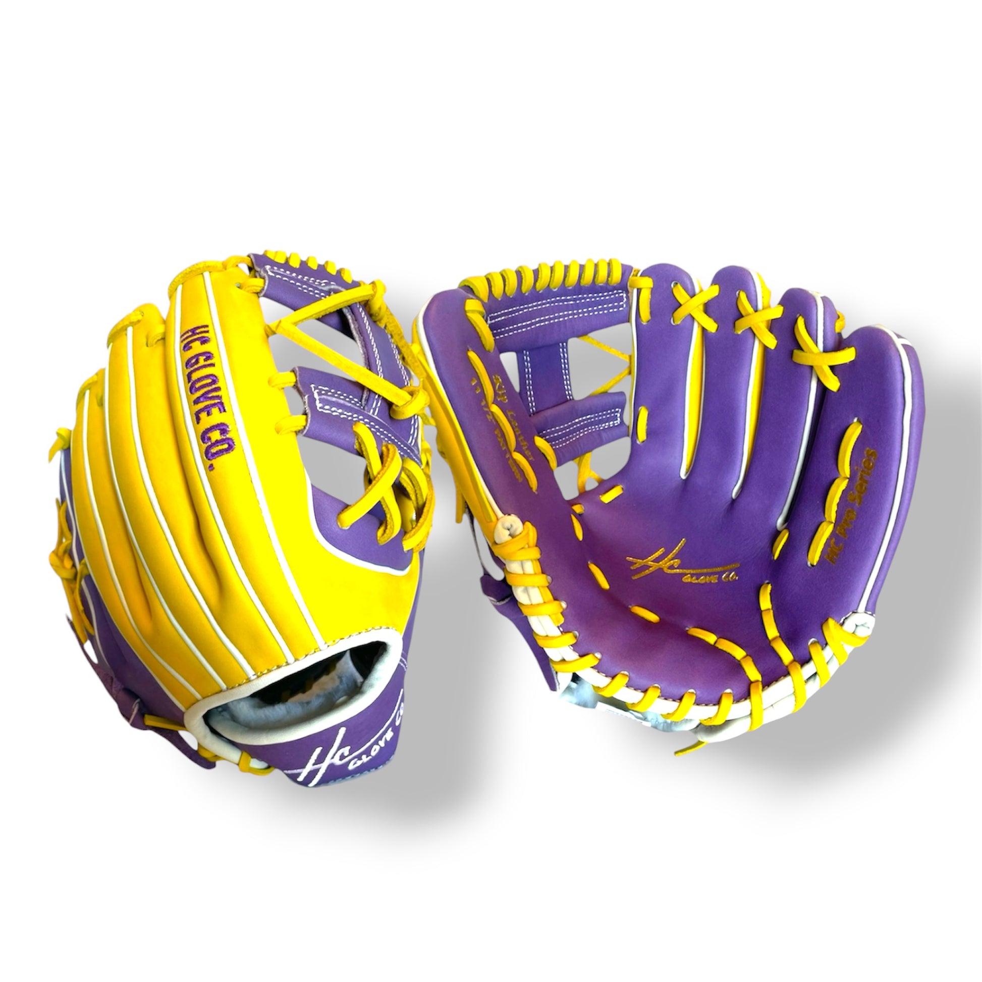 A pair of baseball gloves shown from opposite sides on a white background. One glove is open, showing a purple palm with yellow laces and yellow stitching, while the other is closed, showing a bright yellow back with purple lings and purple trim.