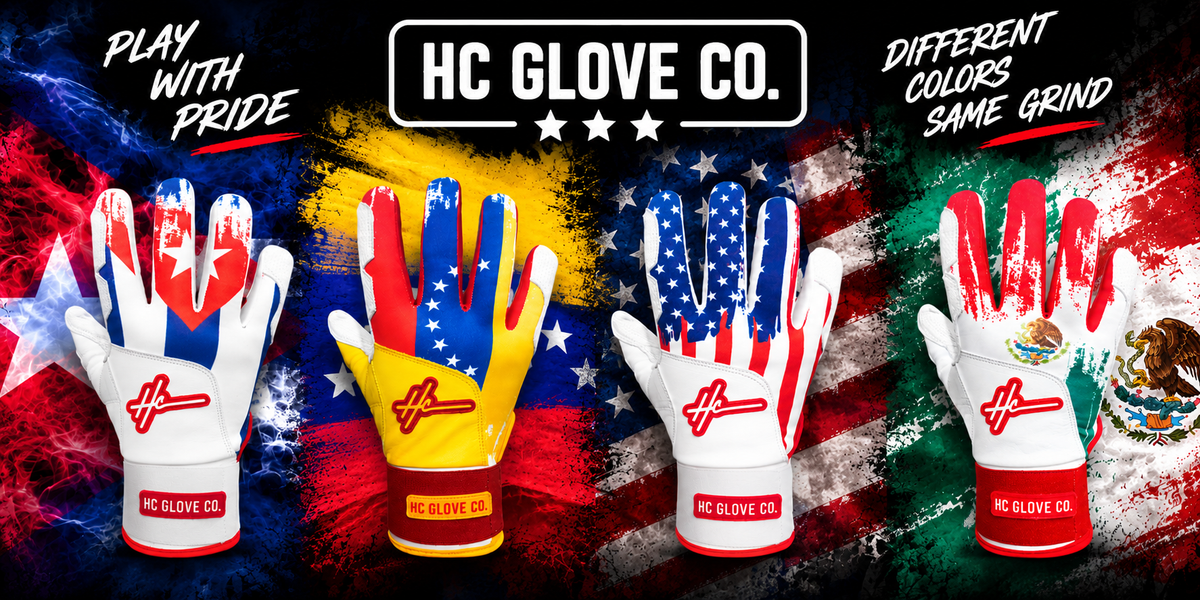 Four HC Glove Co. baseball gloves in patriotic US flag colorways are displayed against a stylized, colorful background of American and Mexican flags with bold promotional text.
