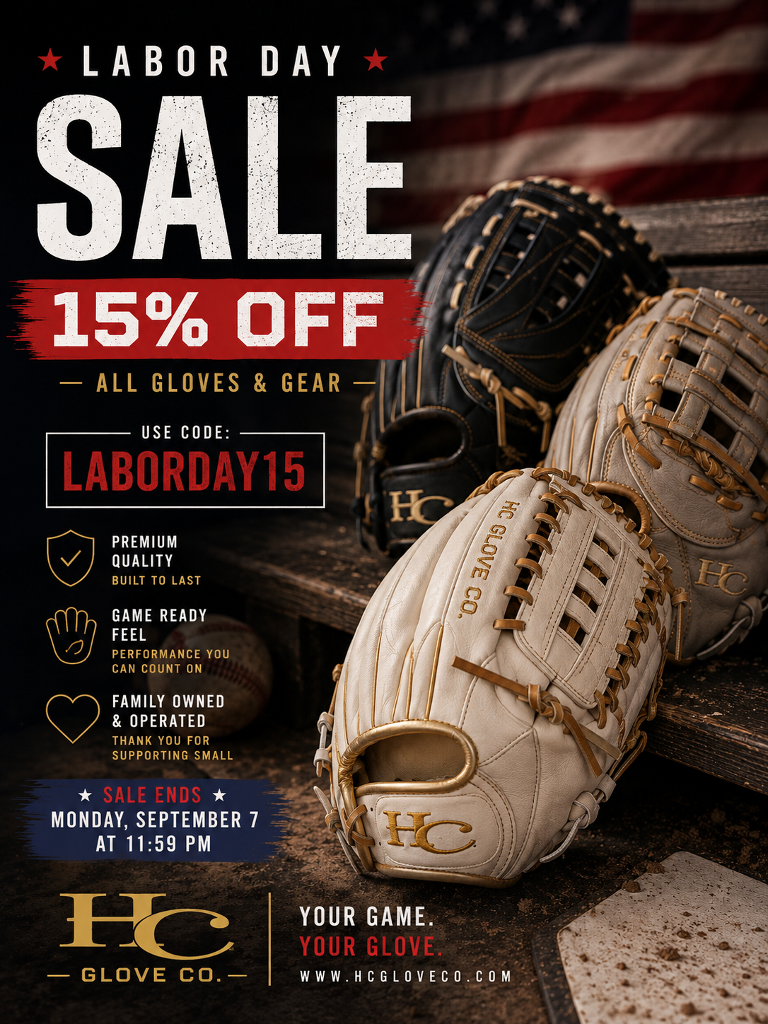 Labor Day sale promotional graphic for HC Glove Co. showing multiple baseball gloves, including a cream glove in the foreground and an American flag in the background, with large text reading 'Labor Day Sale 15% Off' and sale details.