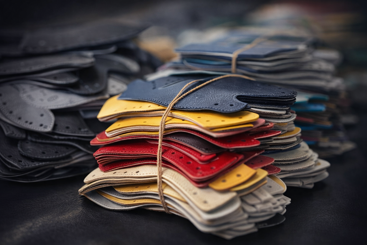 Stack of multicolored leather samples tied with twine on a dark surface used for hc glove co, odessa texas 