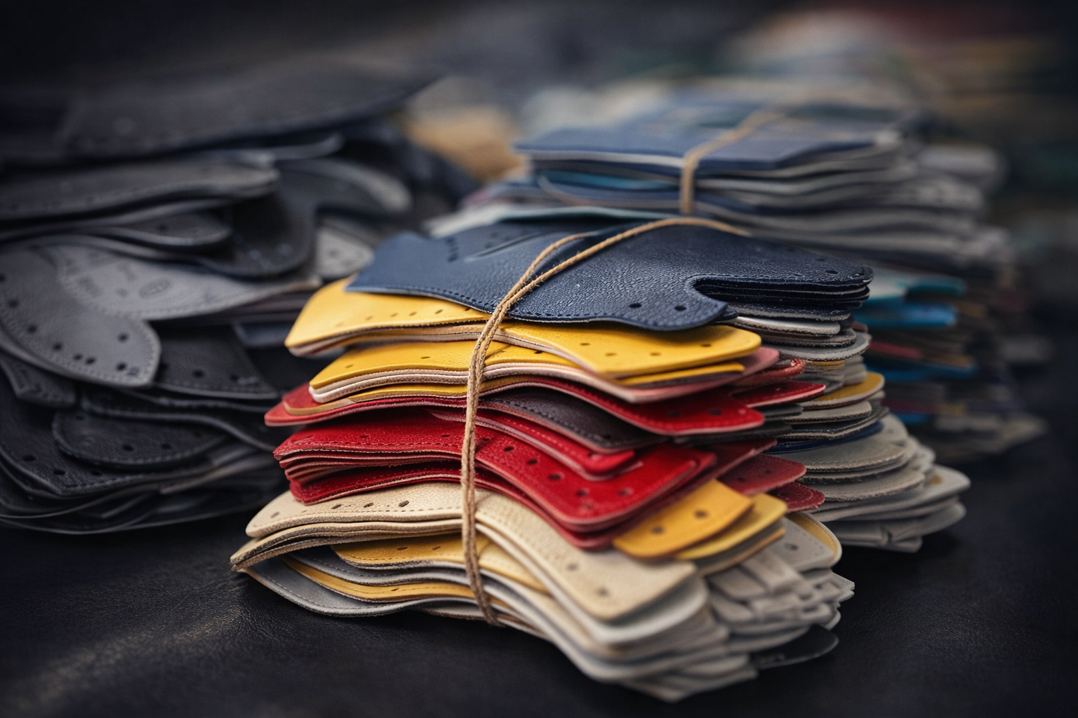 Stack of multicolored leather samples tied with twine on a dark surface used for hc glove co, odessa texas 