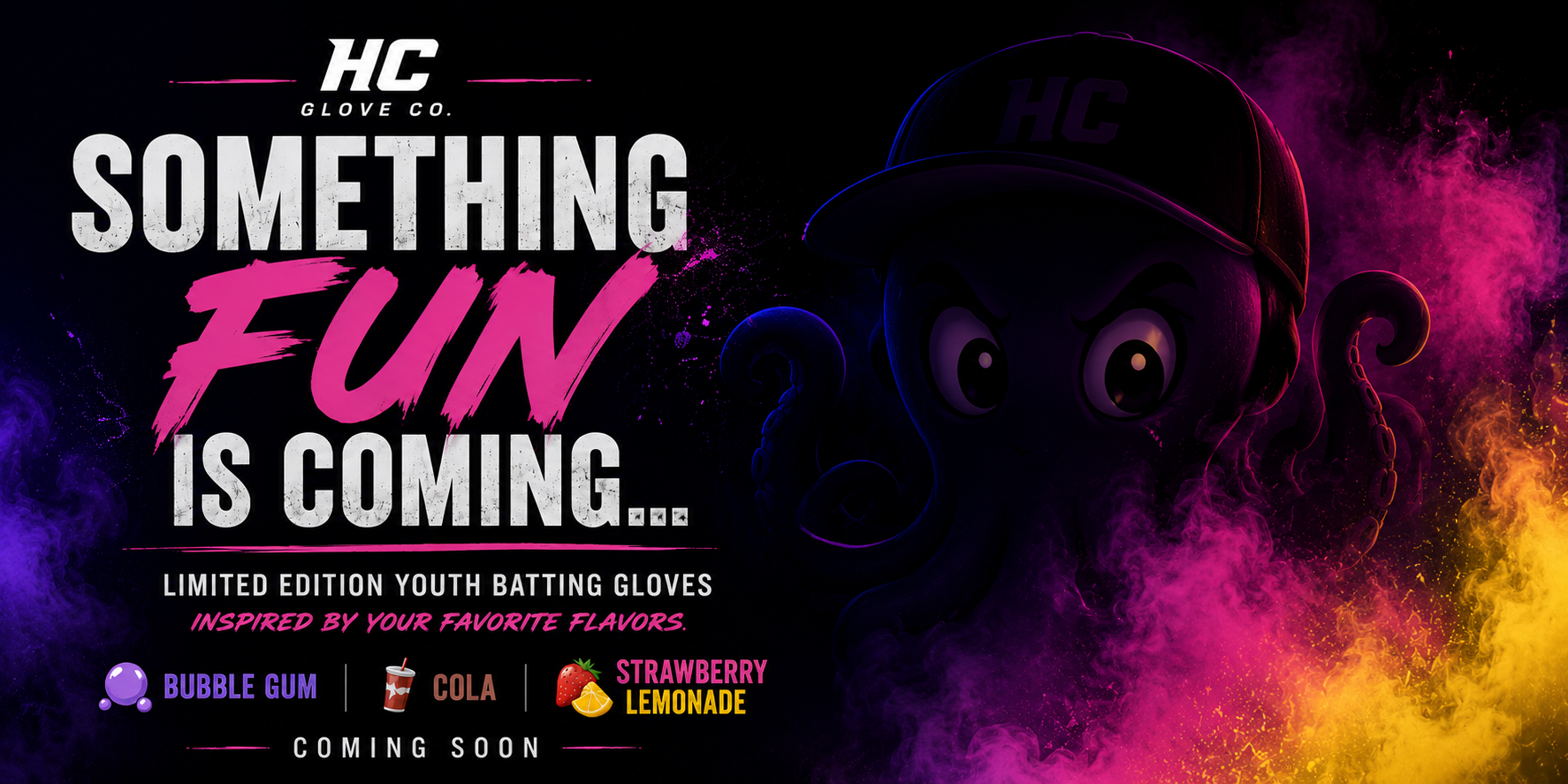 Promotional graphic for HC Glove Co. with a cartoon character and colorful text on a dark background.