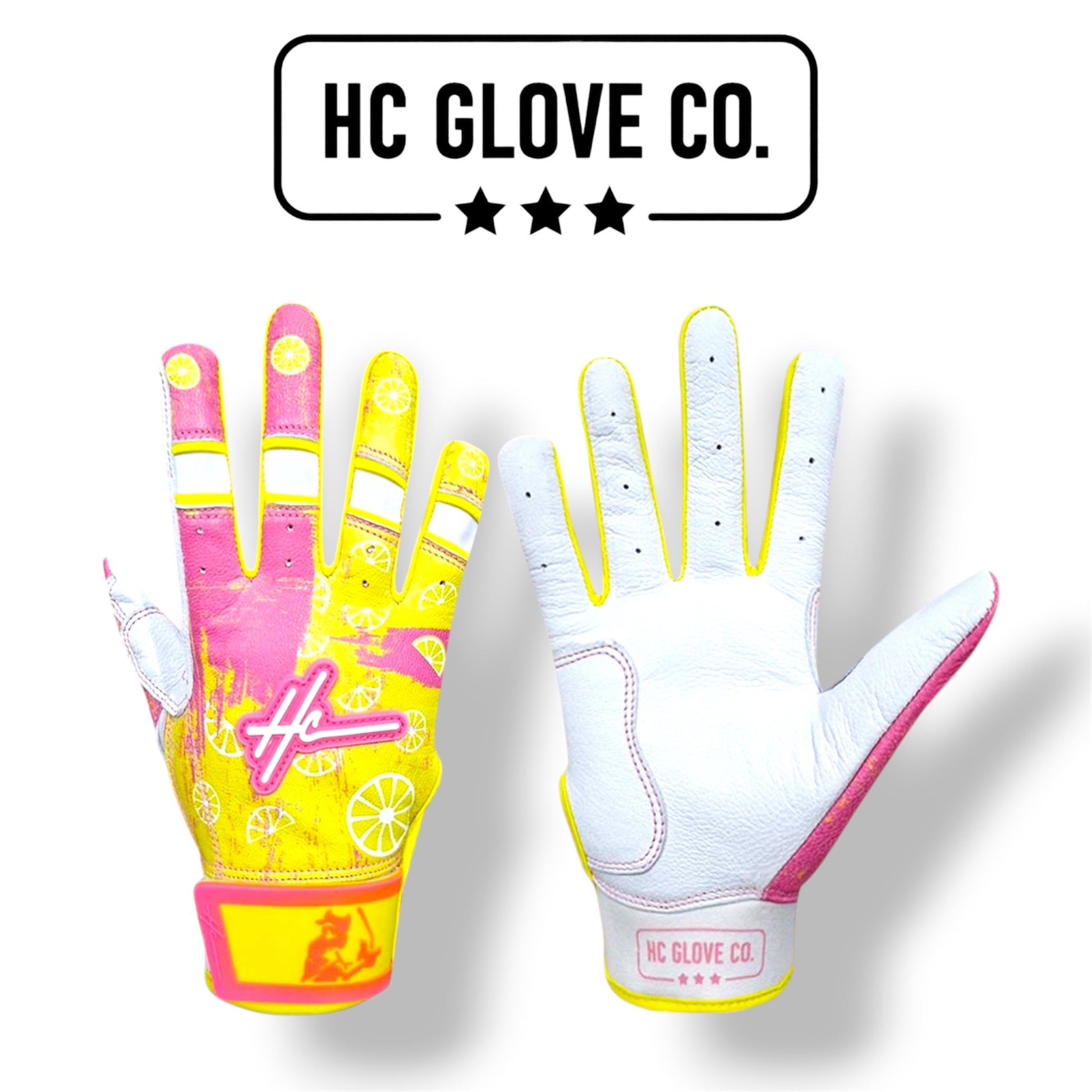 HC Glove Co Strawberry Lemonade Edition batting gloves with premium 0.8mm Cabretta leather.